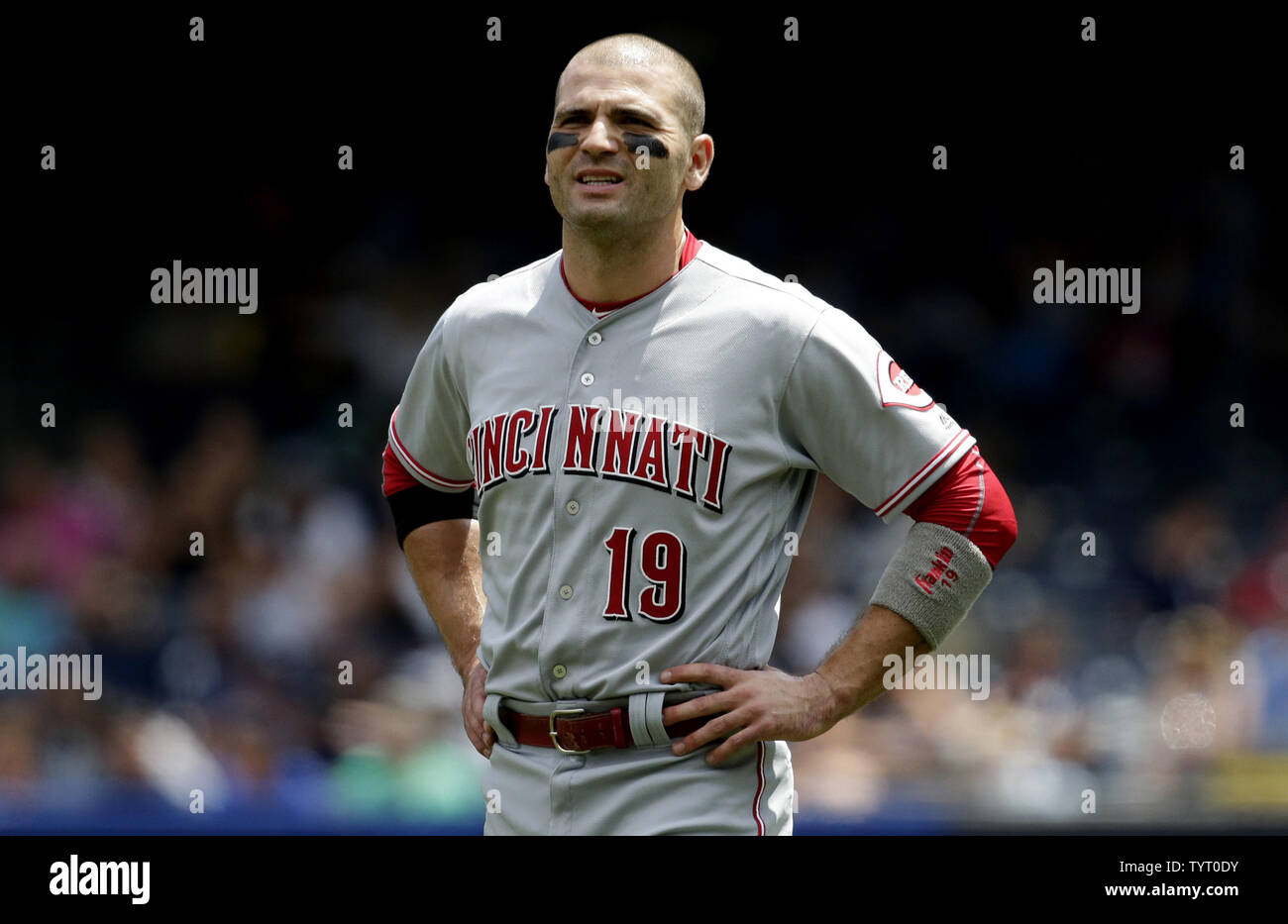 Cincinnati Reds Joey Votto stands in the infield in the first inning  against the New York Yankees at Yankee Stadium in New York City on July 26,  2017. Photo by John Angelillo/UPI