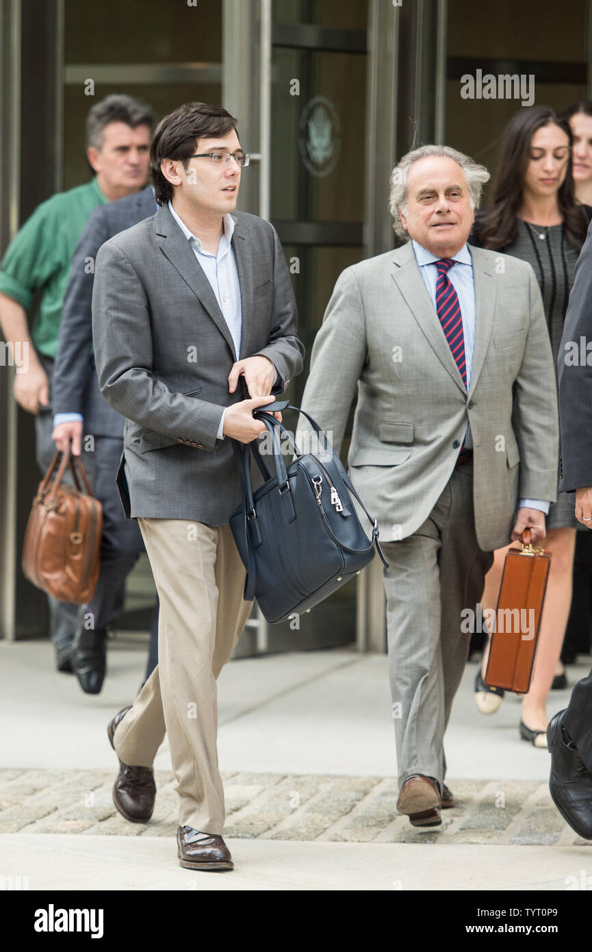 Former Turing Pharmaceuticals CEO Martin Shkreli leaves the United States Federal courthouse with his attorney Benjamin Brafman on day one of deliberations in his federal securities fraud trial on July 31, 2017 in New York City. Controversial pharmaceutical executive Martin Shkreli was arrested in December for alleged financial irregularities. Shkreli drew fire for boosting the price of the drug, which is used to treat infections that are typically found in those with compromised immune systems, by 4,000 percent.   Photo by Steven Ferdman/UPI Stock Photo