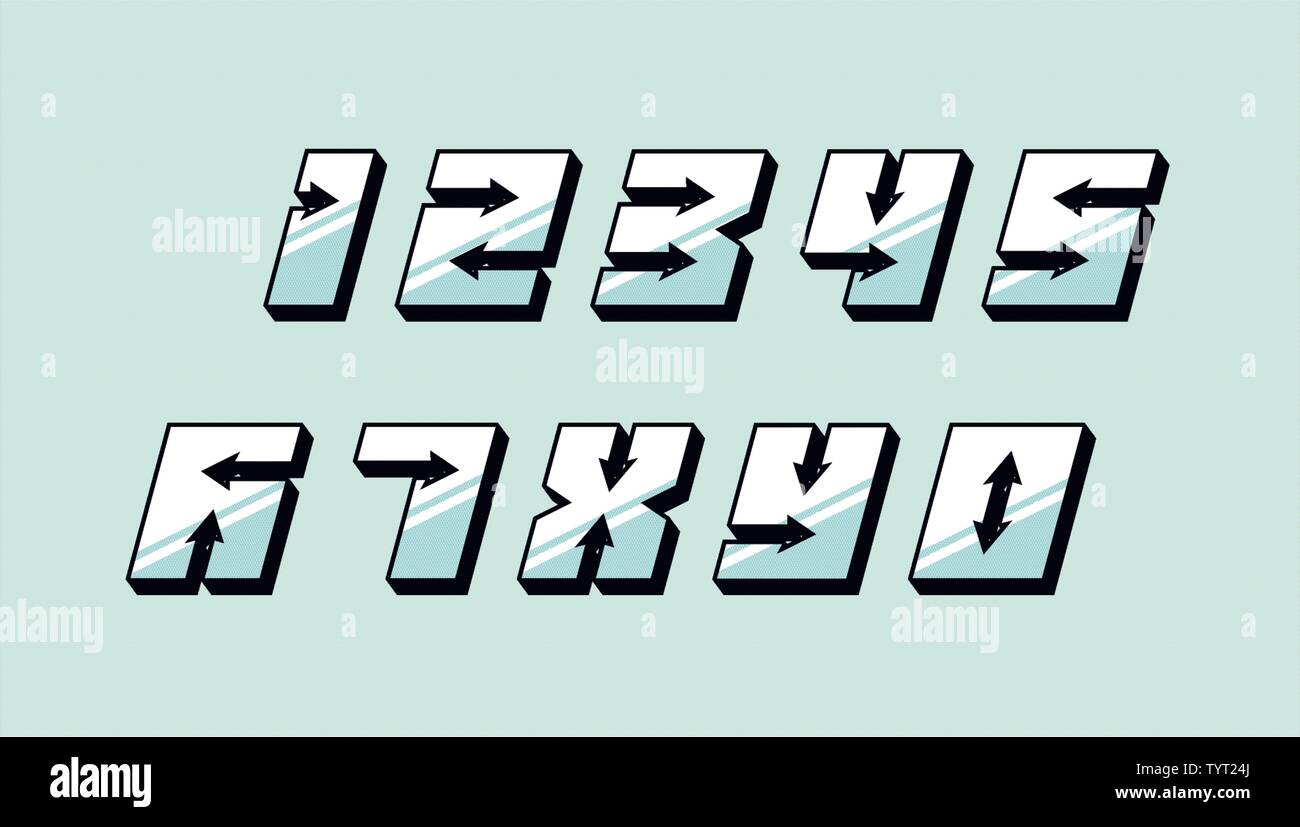 Numbers colourful set in 3d italic retro style with arrows in speedy trendy typography consisiting of 1 2 3 4 5 6 7 8 9 0 for poster design or greeting card. Vector modern countdown font Stock Vector