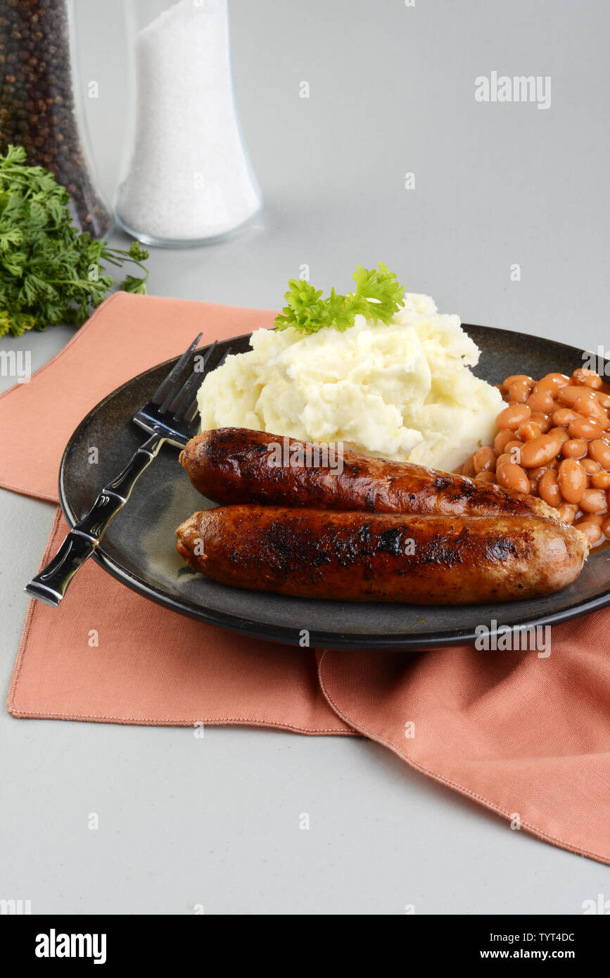 chorizo sausages with mashed potato and fork Stock Photo Alamy