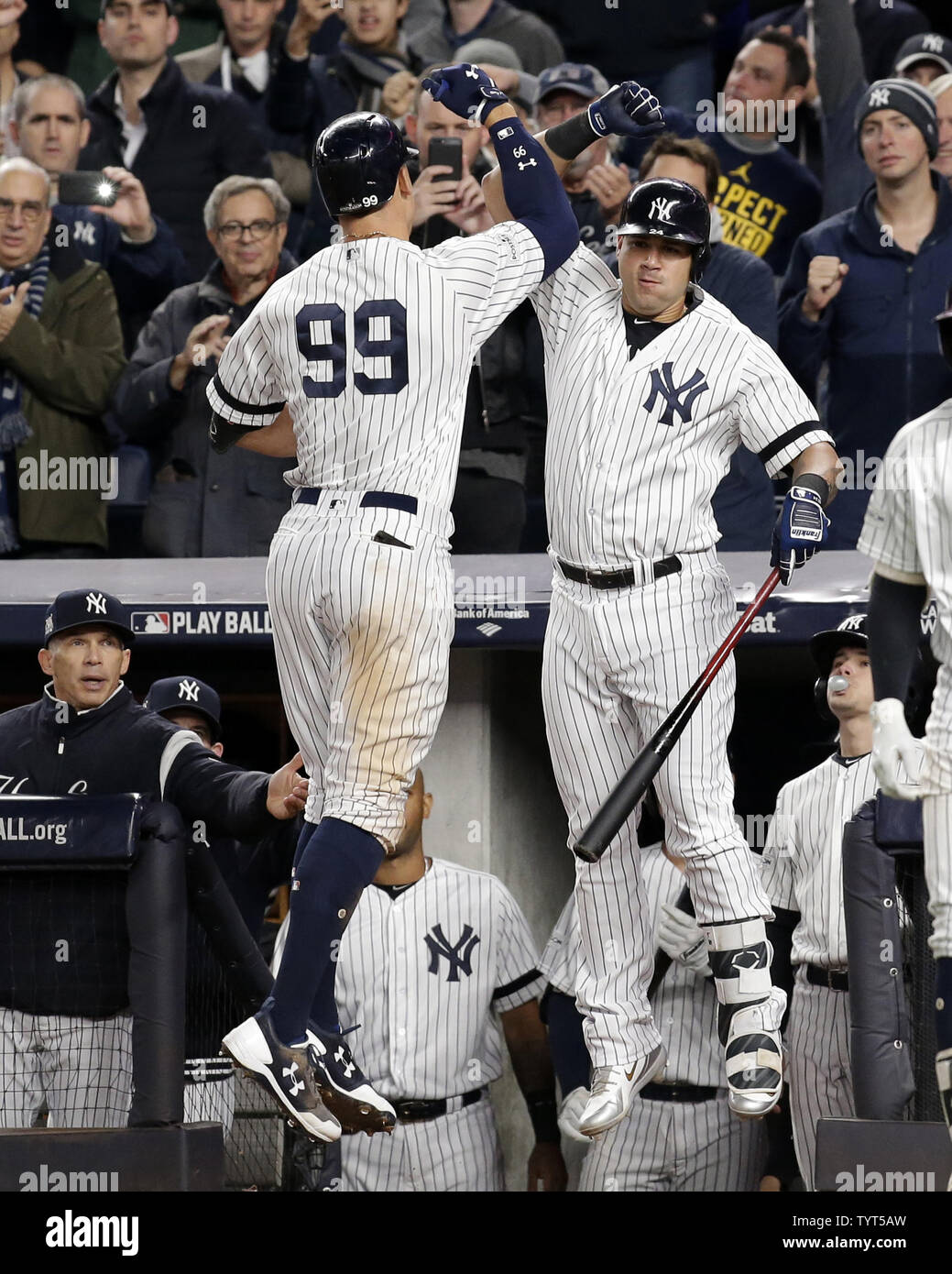 New York Yankees Aaron Judge celebrates with Gary Sanchez after hitting a  solo home run in the 7th inning against the Houston Astros in game 4 of the  2017 MLB Playoffs American