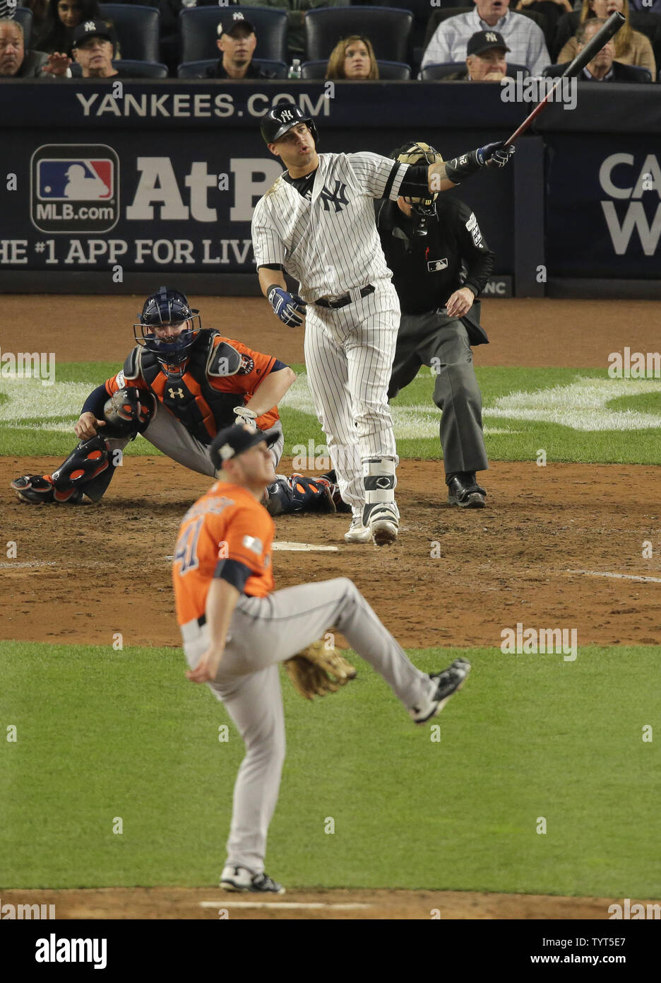 Houston Astros relief pitcher Brad Peacock (C) reacts after New York Yankees batter Gary Sanchez (R) hit a solo home run in the seventh inning in game 5 of the 2017 MLB