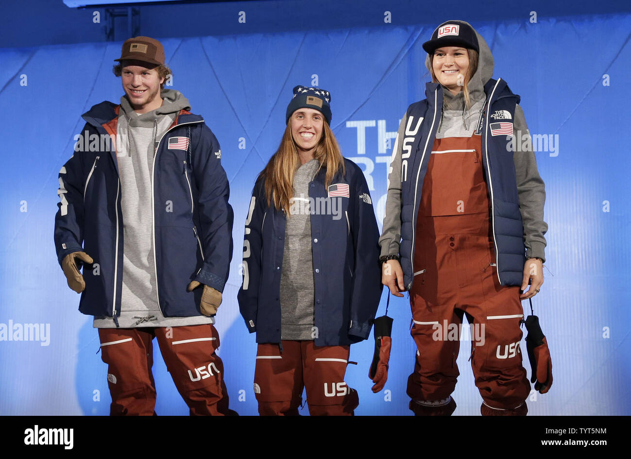 Freeskiiers Aaron Blunck, Maddie Bowman and Devin Logan model The North Face  + U.S. Freeski Team Competition Uniform on October 30, 2017 in New York  City. Photo by John Angelillo/UPI Stock Photo - Alamy