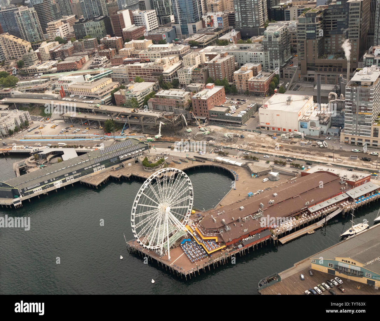 aerial view of the Seattle Great Wheel, a giant Ferris wheel at Pier 57