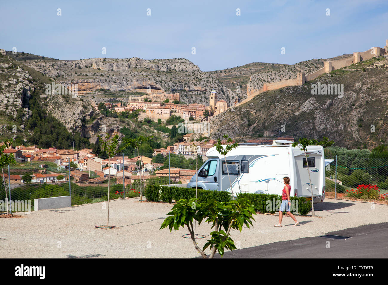 View of the medieval city walls of the Spanish Moorish town of Albarracin  from the Camping and caravan site of Ciudad De Albarracín Spain Stock Photo  - Alamy