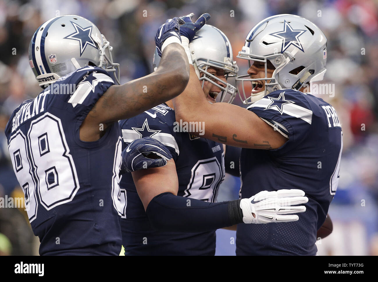 Dallas Cowboys Dak Prescott, Jason Witten and Dez Bryant celebrate a  touchdown against the New York Giants in week 14 of the NFL at MetLife  Stadium in East Rutherford, New Jersey on