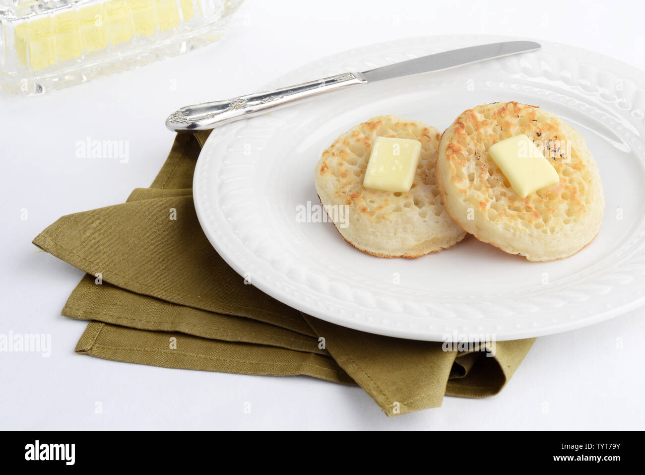 english crumpets on a plate Stock Photo