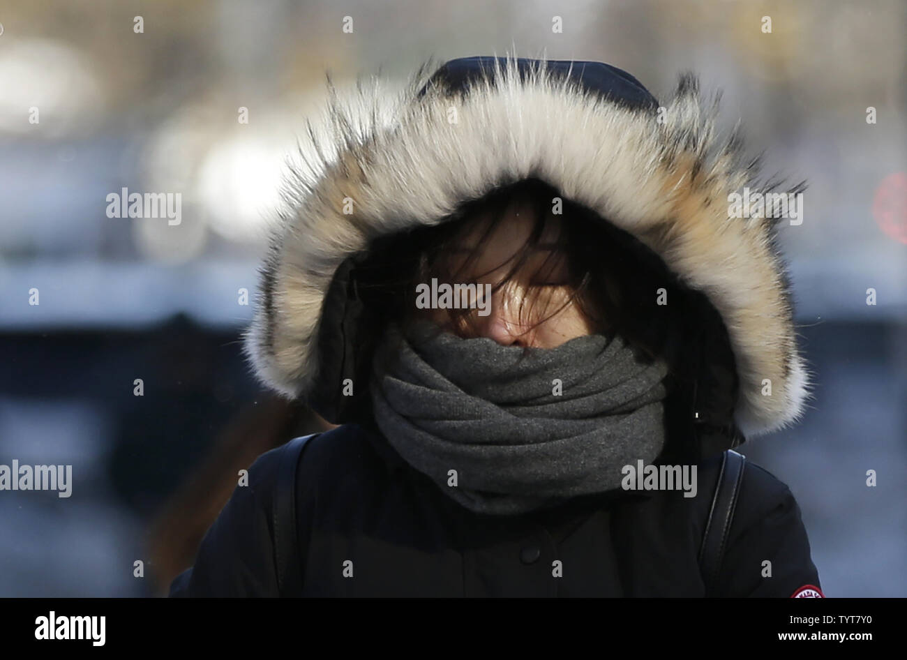A woman bundled up for freezing cold weather walks into the wind ...