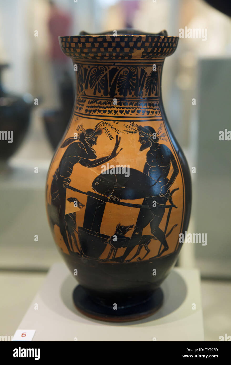 Preparing a tuna fish on the butcher's block depicted in the Attic black-figure pitcher dated from around 510-500 BC found in Vulci, Italy, now on display in the Altes Museum in Berlin, Germany. Stock Photo