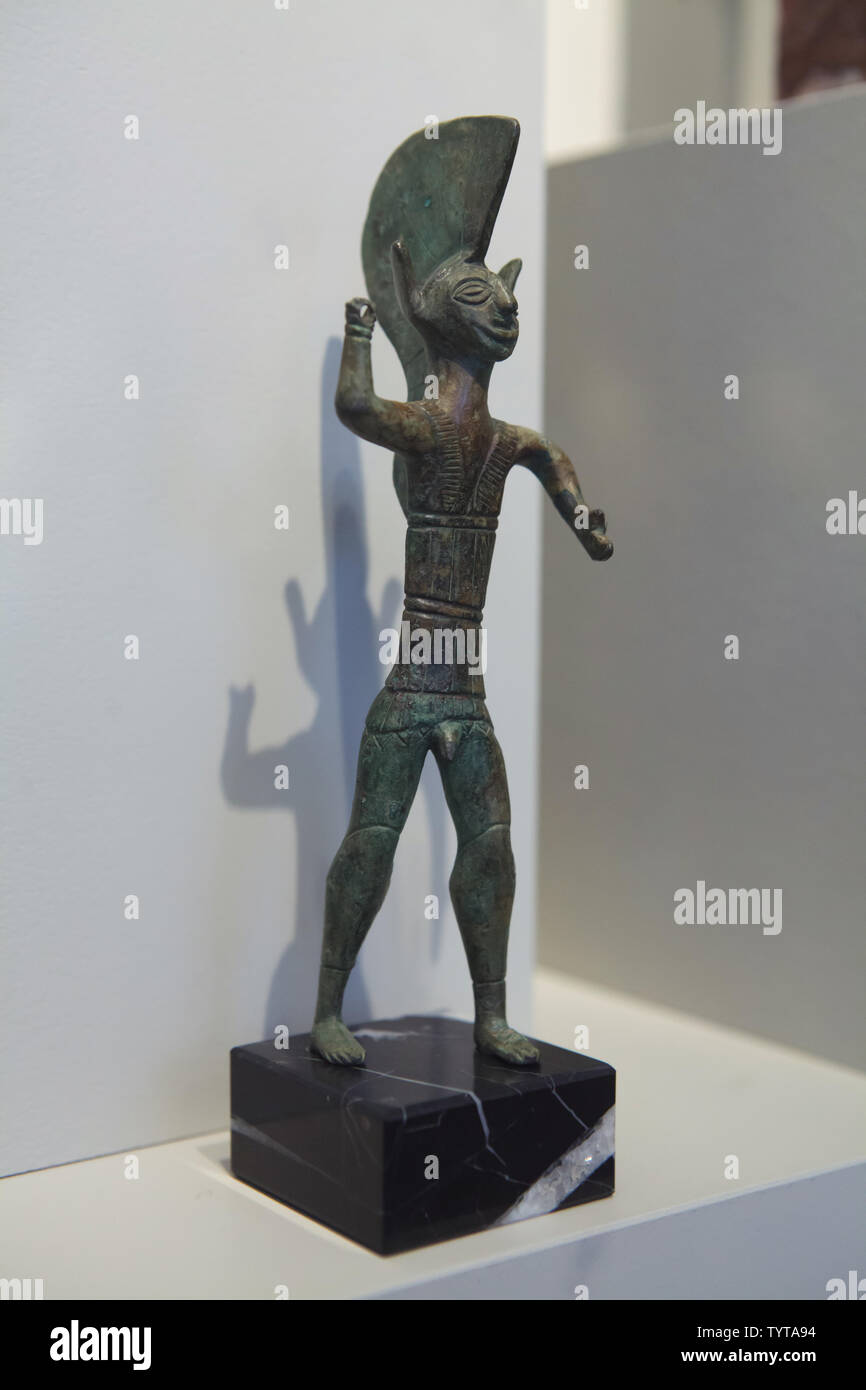 Etruscan bronze statuette of a priest dated from the 3rd to 2nd century BC on display in the Altes Museum in Berlin, Germany. Stock Photo