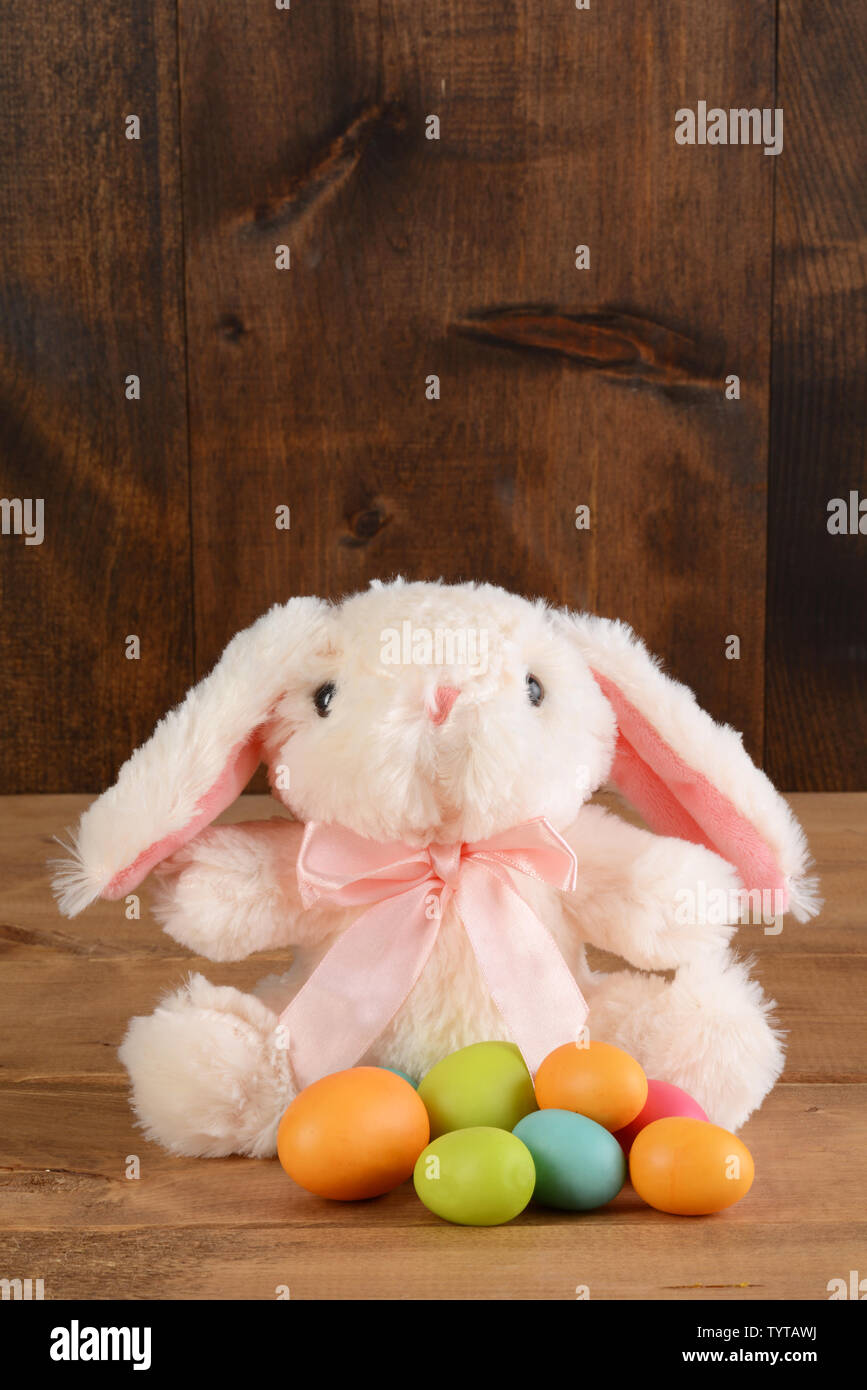 stuffed easter bunny with colorful eggs Stock Photo