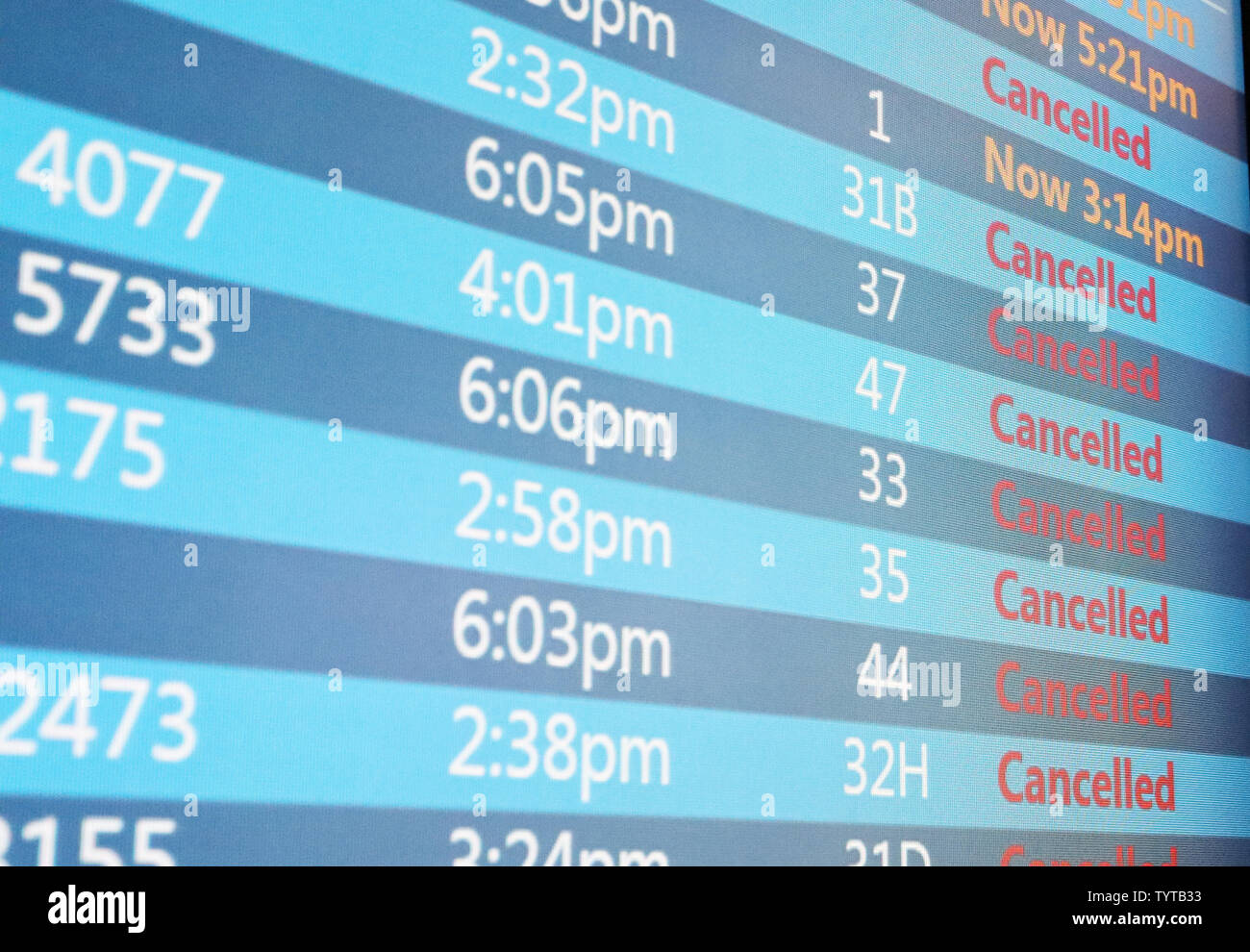A monitor shows flights that have been canceled do to weather at JFK Airport in New York City on March 2, 2018. A Nor'easter slamming the Tri-State Friday grounded flights at John F. Kennedy Airport and forced airlines to cancel hundreds of flights at other area airports. More than 1,500 flights at the three major airports were grounded.     Photo by John Angelillo/UPI Stock Photo
