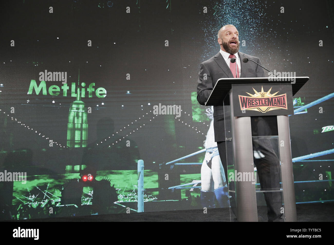 Paul Levesque, ring name Triple H, speaks at a news conference to officially announce that WWE's WrestleMania will be returning to MetLife Stadium at MetLife Stadium in East Rutherford, New Jersey on March 16, 2018. WrestleMania, will be returning to MetLife Stadium in April of 2019.   Photo by John Angelillo/UPI Stock Photo