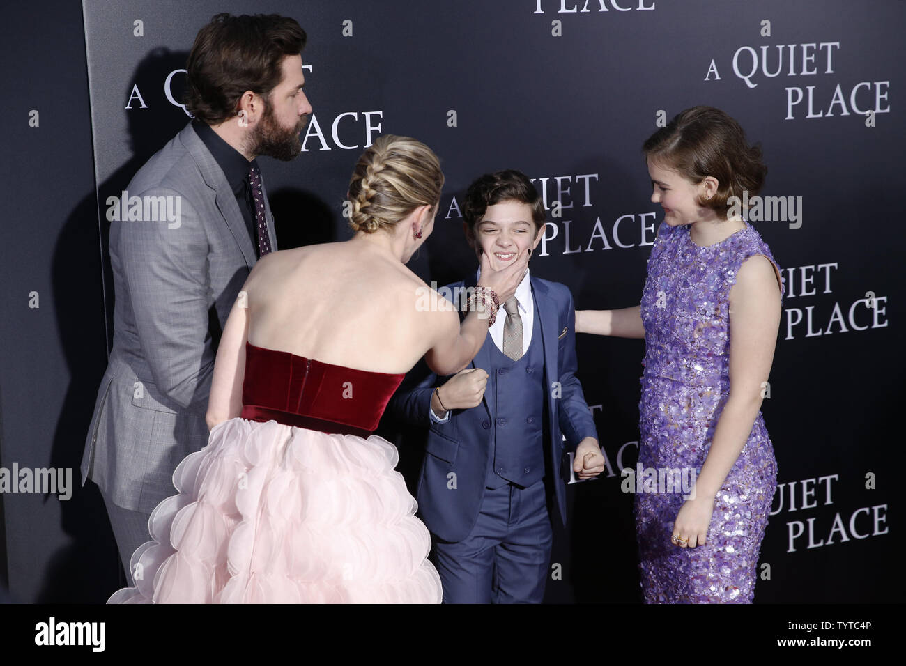 John Krasinski, Noah Jupe, Millicent Simmonds and Emily Blunt arrive on the  red carpet at the premiere for 'A Quiet Place' at AMC Lincoln Square  Theater on April 2, 2018 in New