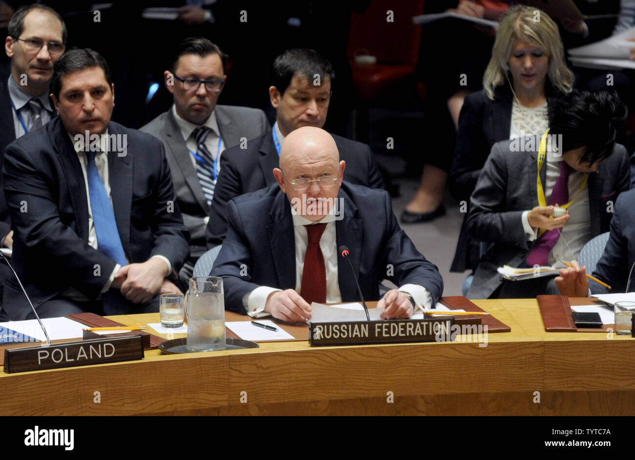Russia's UN Ambassador Vasily Nebenzya addresses a Security Council meeting on the military activity Friday in Syria in the Security Council Chamber at the United Nations Headquarters in New York City on April 14, 2018. There Security Council meeting was at the request of Russia after the U.S, British and French forces conducted air strikes on chemical weapons targets yesterday in Syria.   Photo by Dennis Van Tine/UPI Stock Photo