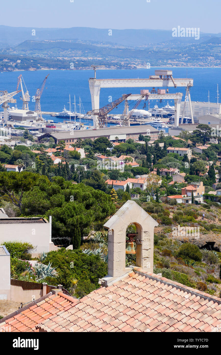 Notre Dame de la Garde chapel roof and La Ciotat shipyard, La Ciotat, BouchesduRhône, France