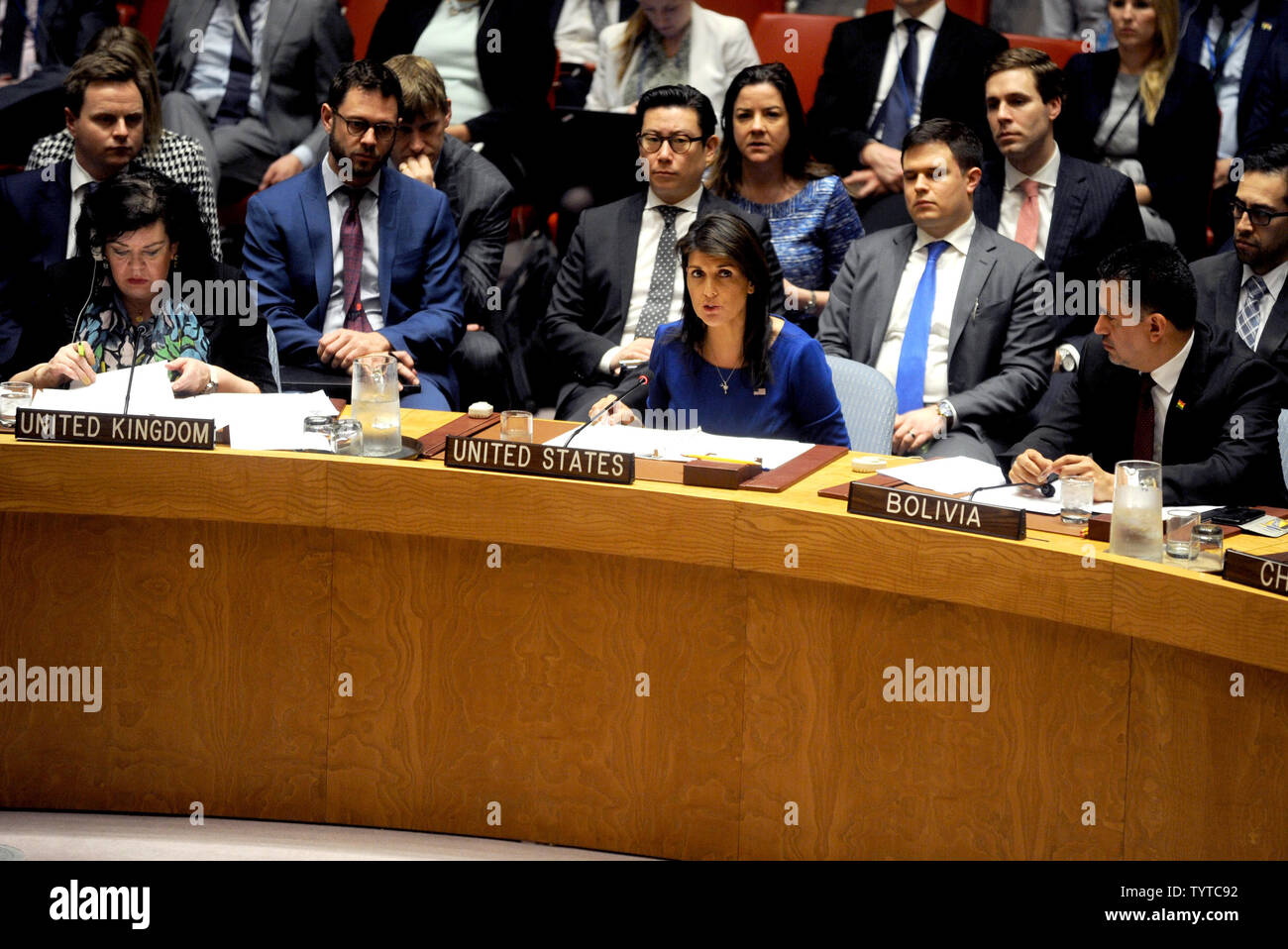 United States Ambassador to the UN Nikki Haley addresses a Security Council meeting on the military activity Friday in Syria in the Security Council Chamber at the United Nations Headquarters in New York City on April 14, 2018. There Security Council meeting was at the request of Russia after the U.S, British and French forces conducted air strikes on chemical weapons targets yesterday in Syria.   Photo by Dennis Van Tine/UPI Stock Photo
