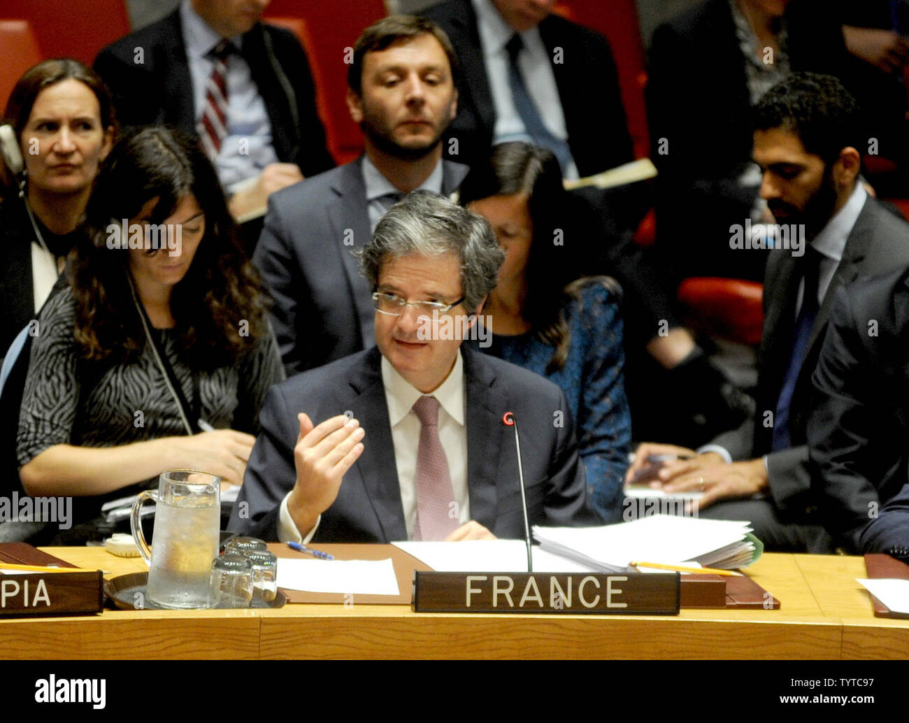 French Ambassador to the UN Francois Delattre addresses a Security Council meeting on the military activity Friday in Syria in the Security Council Chamber at the United Nations Headquarters in New York City on April 14, 2018. There Security Council meeting was at the request of Russia after the U.S, British and French forces conducted air strikes on chemical weapons targets yesterday in Syria.   Photo by Dennis Van Tine/UPI Stock Photo