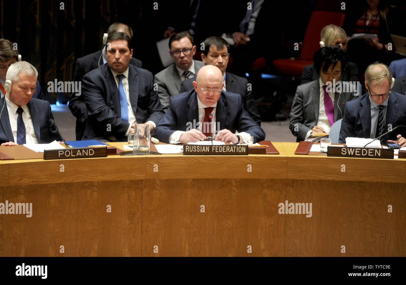 Russia's UN Ambassador Vasily Nebenzya addresses a Security Council meeting on the military activity Friday in Syria in the Security Council Chamber at the United Nations Headquarters in New York City on April 14, 2018. There Security Council meeting was at the request of Russia after the U.S, British and French forces conducted air strikes on chemical weapons targets yesterday in Syria.   Photo by Dennis Van Tine/UPI Stock Photo