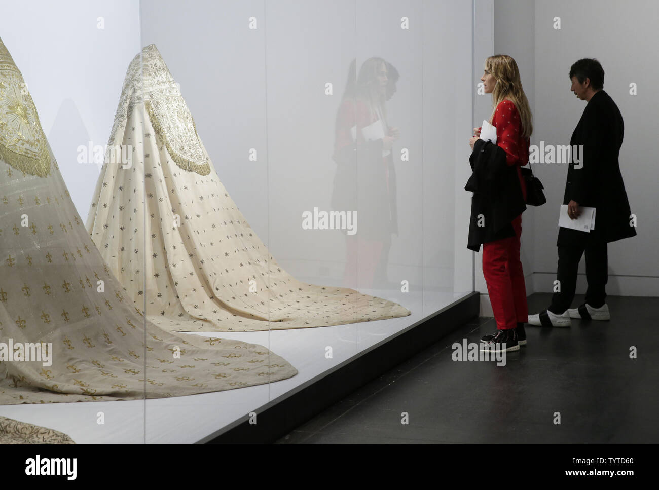 Mantles of deceased past Catholic Popes are on display at a press preview for The Costume Institute's spring 2018 exhibition, Heavenly Bodies: Fashion and the Catholic Imagination at Metropolitan Museum of Art in New York City on May 7, 2018.     Photo by John Angelillo/UPI Stock Photo