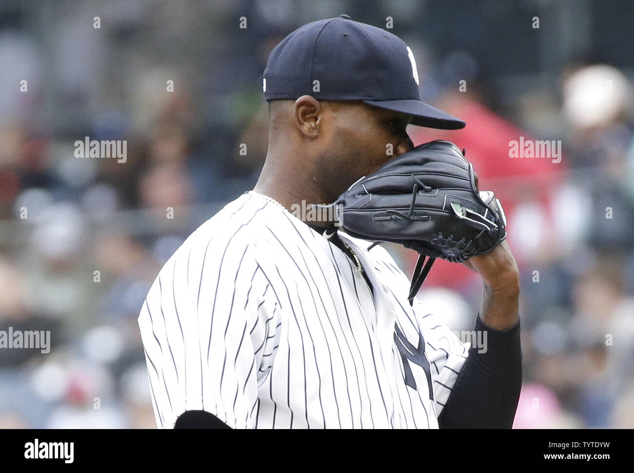 New York Yankees starting pitcher Domingo German stands on the pitchers mound in the 4th inning