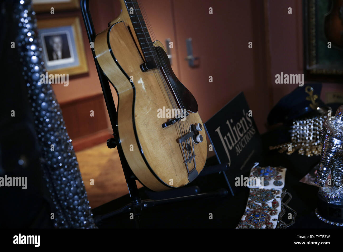 Harrison's first electric guitar is display at a press preview
