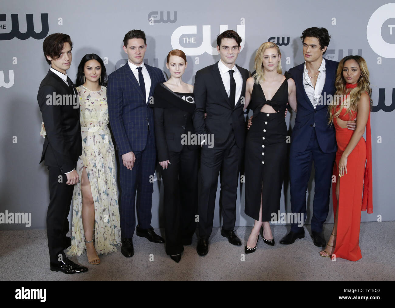 Cole Sprouse, Camila Mendes, Casey Cott, Madelaine Petsch, KJ Apa, Lili Reinhart, Charles Melton and Vanessa Morgan of 'Riverdale' arrive on the red carpetThe CW Network's 2018 upfront at The London Hotel on May 17, 2018 in New York City.    Photo by John Angelillo/UPI Stock Photo