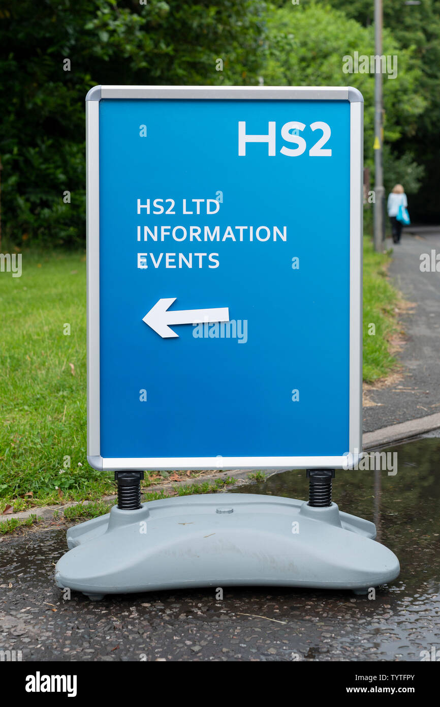 Signage for an HS2 consultation event held at The Britannia Country House Hotel on Palatine Road between Didsbury and Northenden in Manchester. Stock Photo