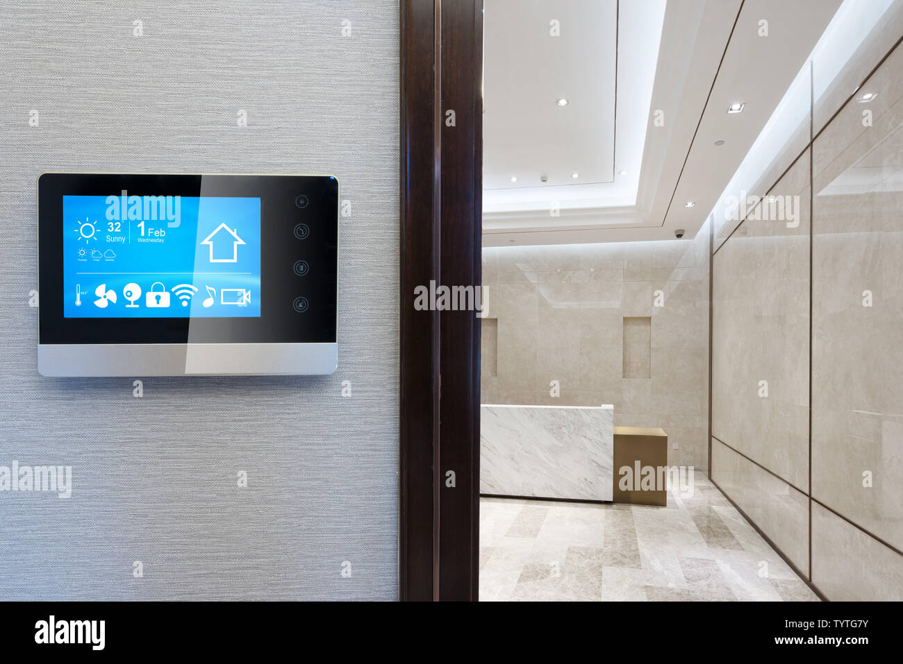 Smart Screen On Smart Home Icons In Modern Reception Desk Of
