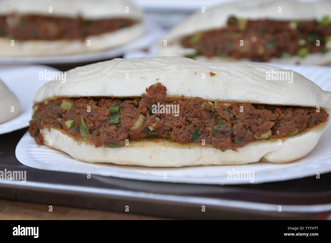 Loaf cake with meat sauce. Stock Photo