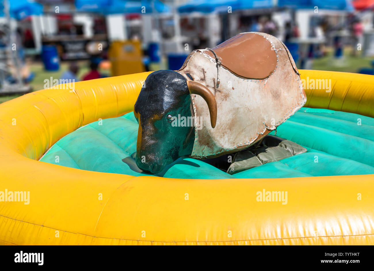 View of a mechanical bull machine with nobody Stock Photo Alamy