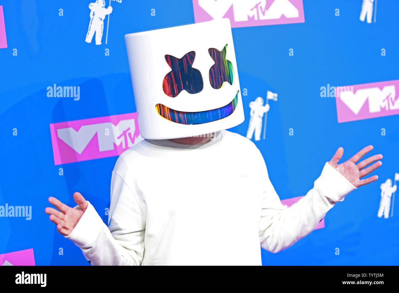 Marshmello arrives on the red carpet at the 35th annual MTV Video Music Awards at Radio City Music Hall in New York City on August 20, 2018.    Photo by Serena Xu-Ning/UPI Stock Photo