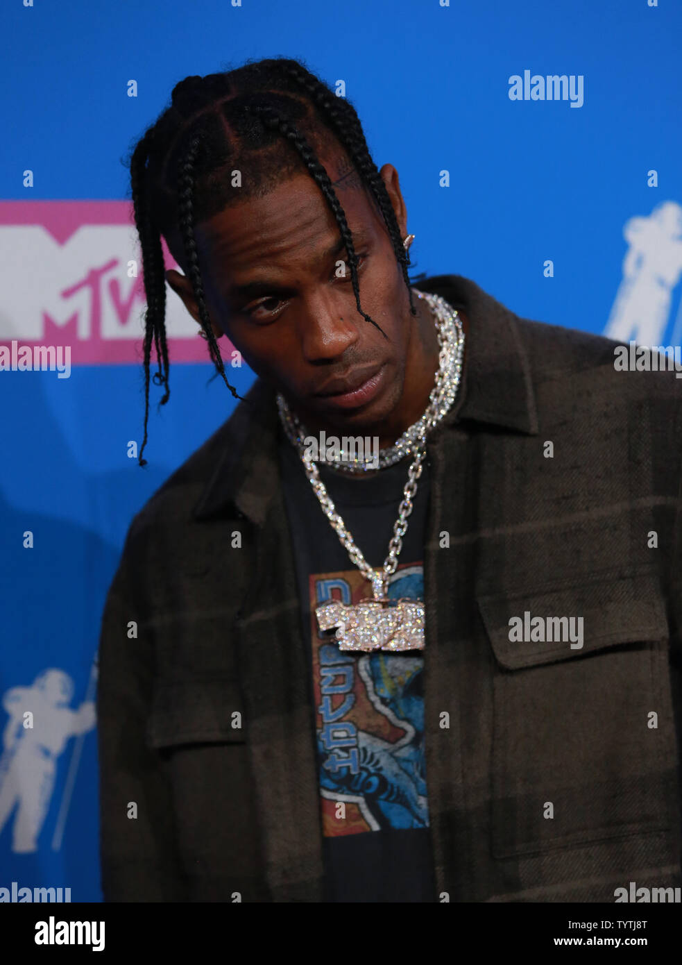 Travis Scott pose for photographers in the press room at the 35th annual MTV Video Music Awards at Radio City Music Hall in New York City on August 20, 2018.    Photo by Serena Xu-Ning/UPI Stock Photo