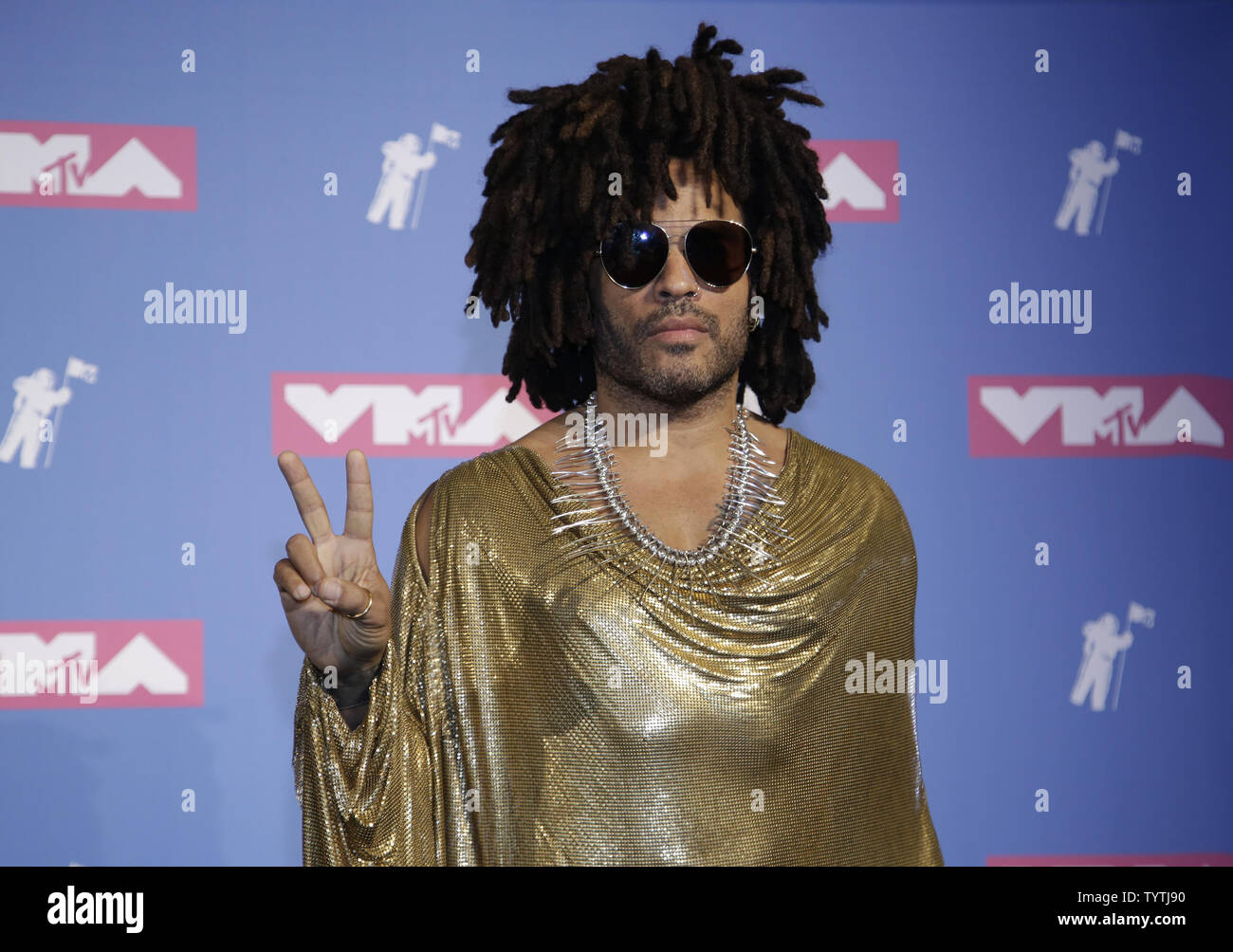 Lenny Kravitz pose for photographers in the press room at the 35th annual MTV Video Music Awards at Radio City Music Hall in New York City on August 20, 2018.    Photo by Serena Xu-Ning/UPI Stock Photo