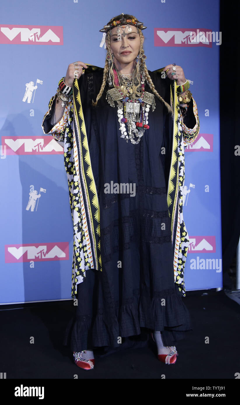 Madonna pose for photographers in the press room at the 35th annual MTV Video Music Awards at Radio City Music Hall in New York City on August 20, 2018.    Photo by Serena Xu-Ning/UPI Stock Photo