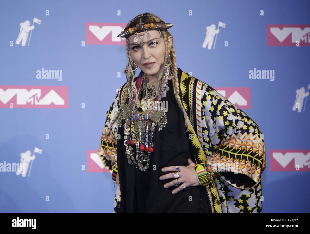 Madonna pose for photographers in the press room at the 35th annual MTV Video Music Awards at Radio City Music Hall in New York City on August 20, 2018.    Photo by Serena Xu-Ning/UPI Stock Photo