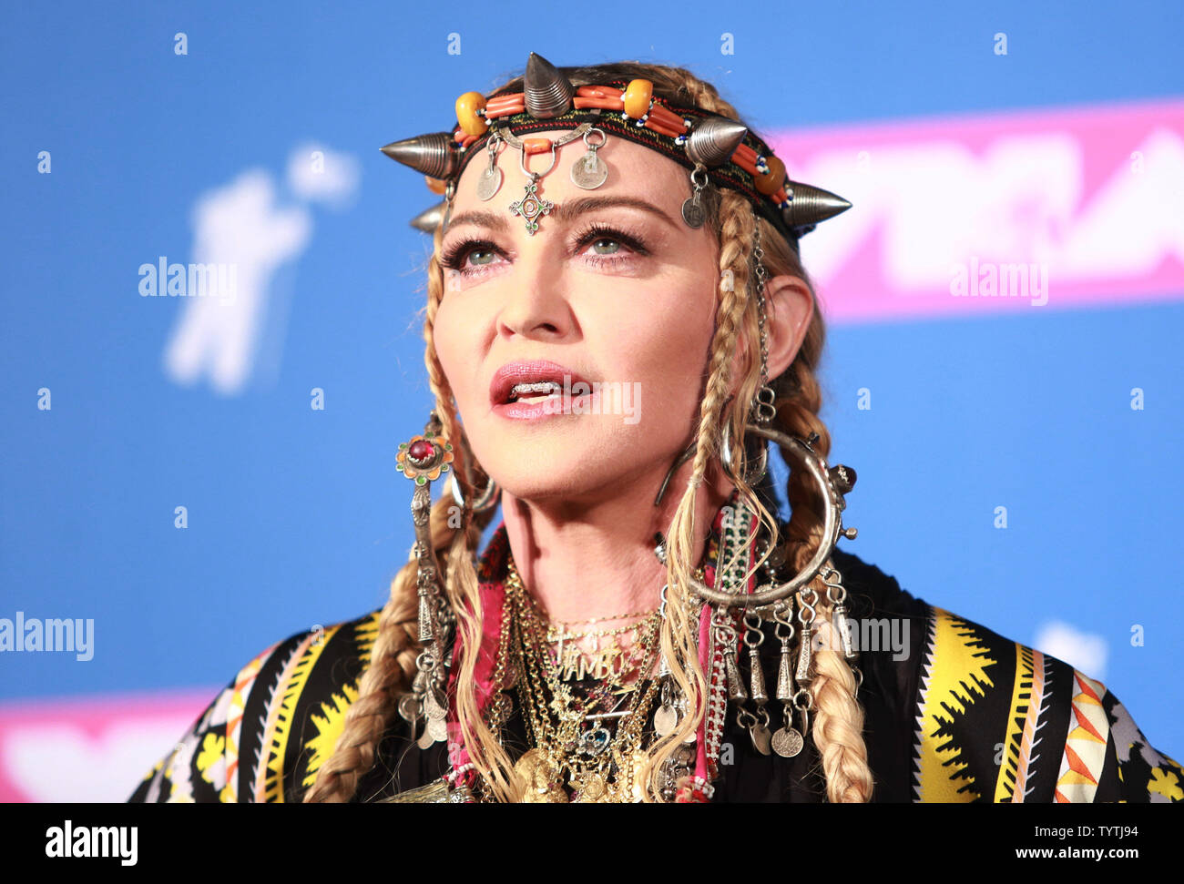 Madonna pose for photographers in the press room at the 35th annual MTV Video Music Awards at Radio City Music Hall in New York City on August 20, 2018.    Photo by Serena Xu-Ning/UPI Stock Photo