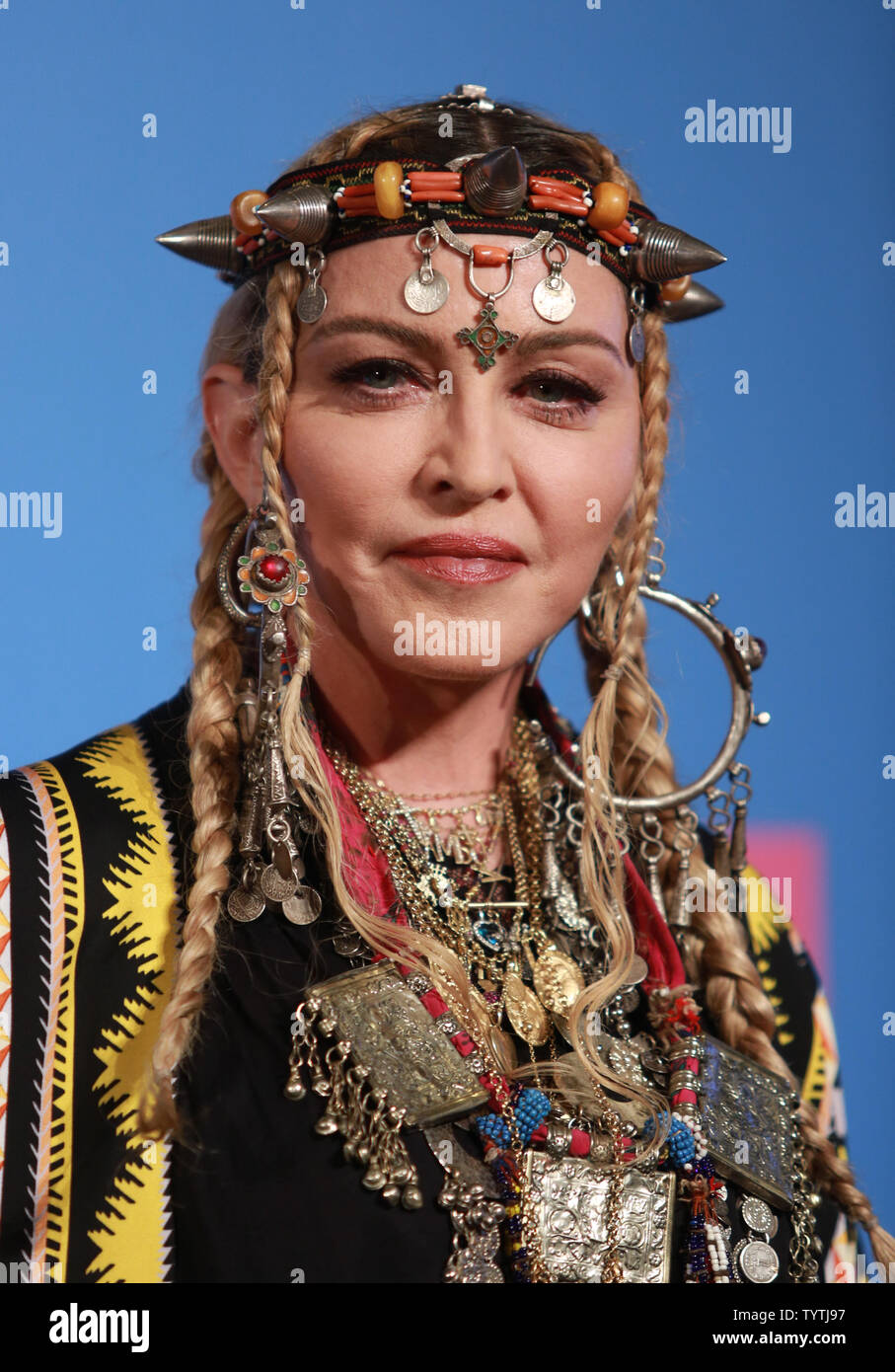 Madonna pose for photographers in the press room at the 35th annual MTV Video Music Awards at Radio City Music Hall in New York City on August 20, 2018.    Photo by Serena Xu-Ning/UPI Stock Photo
