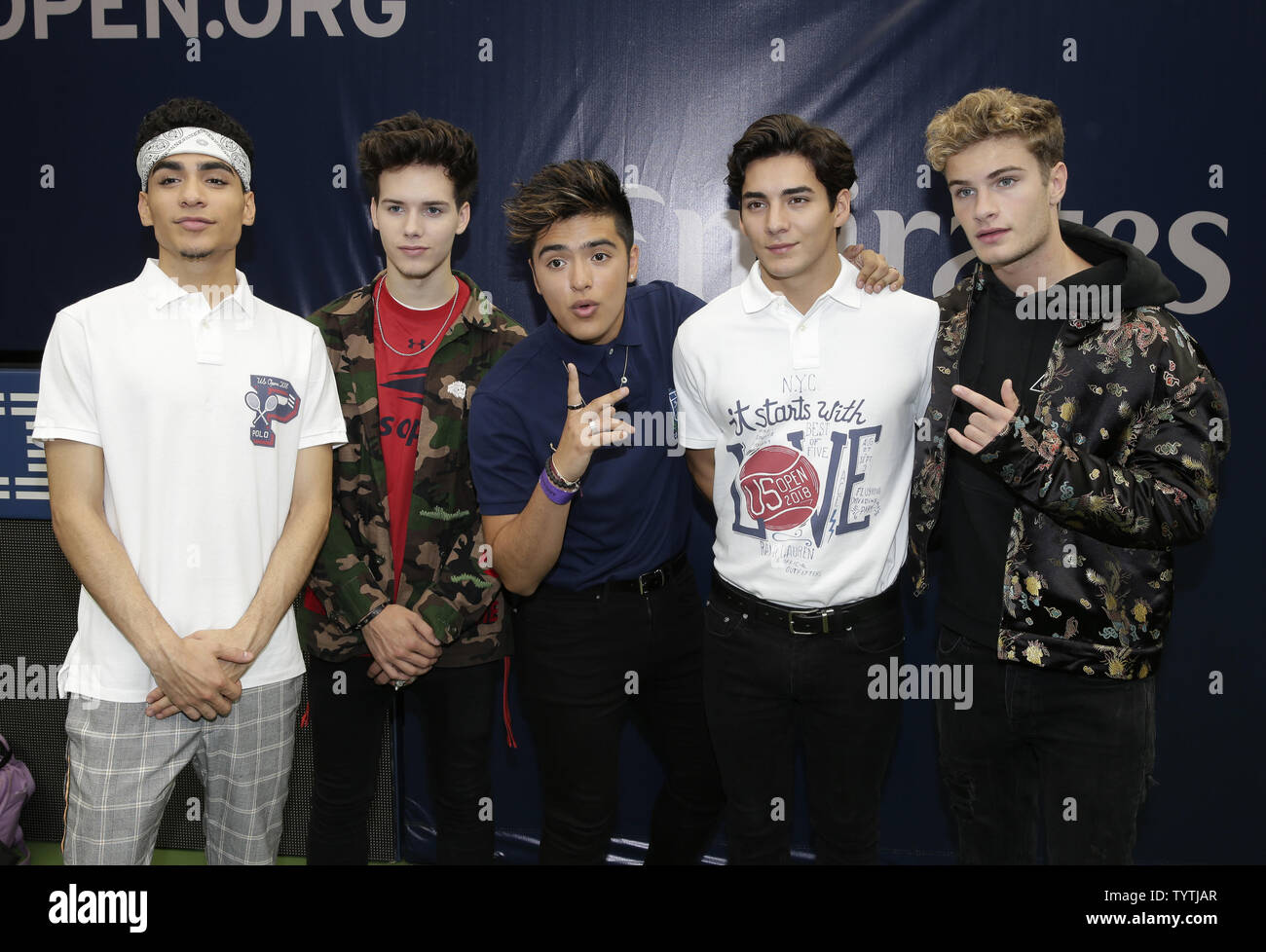 Brady Tutton, Chance Perez, Drew Ramos, Sergio Calderon, and Michael Conor of In Real Life arrive on the court for Arthur Ashe Kids Day in Arthur Ashe Stadium at the 2018 US Open Tennis Championships at the USTA Billie Jean King National Tennis Center in New York City on August 25, 2018.        Photo by John Angelillo/UPI Stock Photo