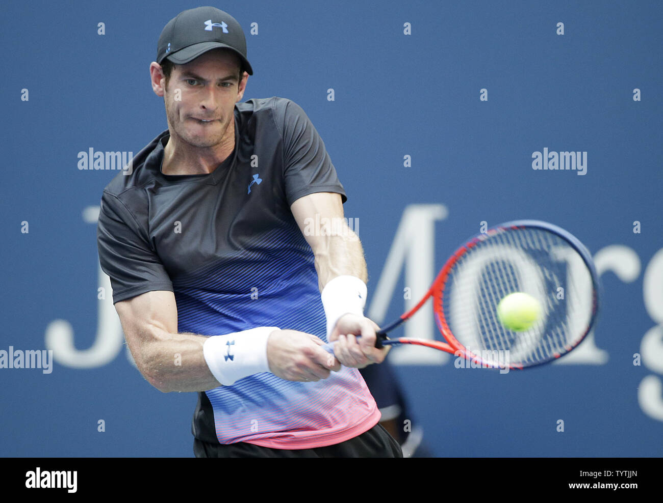 Andy Murray of the United Kingdom hits a backhand to Fernando Verdasco of Spain in the 2nd round in Arthur Ashe Stadium at the 2018 US Open Tennis Championships at the USTA Billie Jean King National Tennis Center in New York City on August 29, 2018.      Photo by John Angelillo/UPI Stock Photo