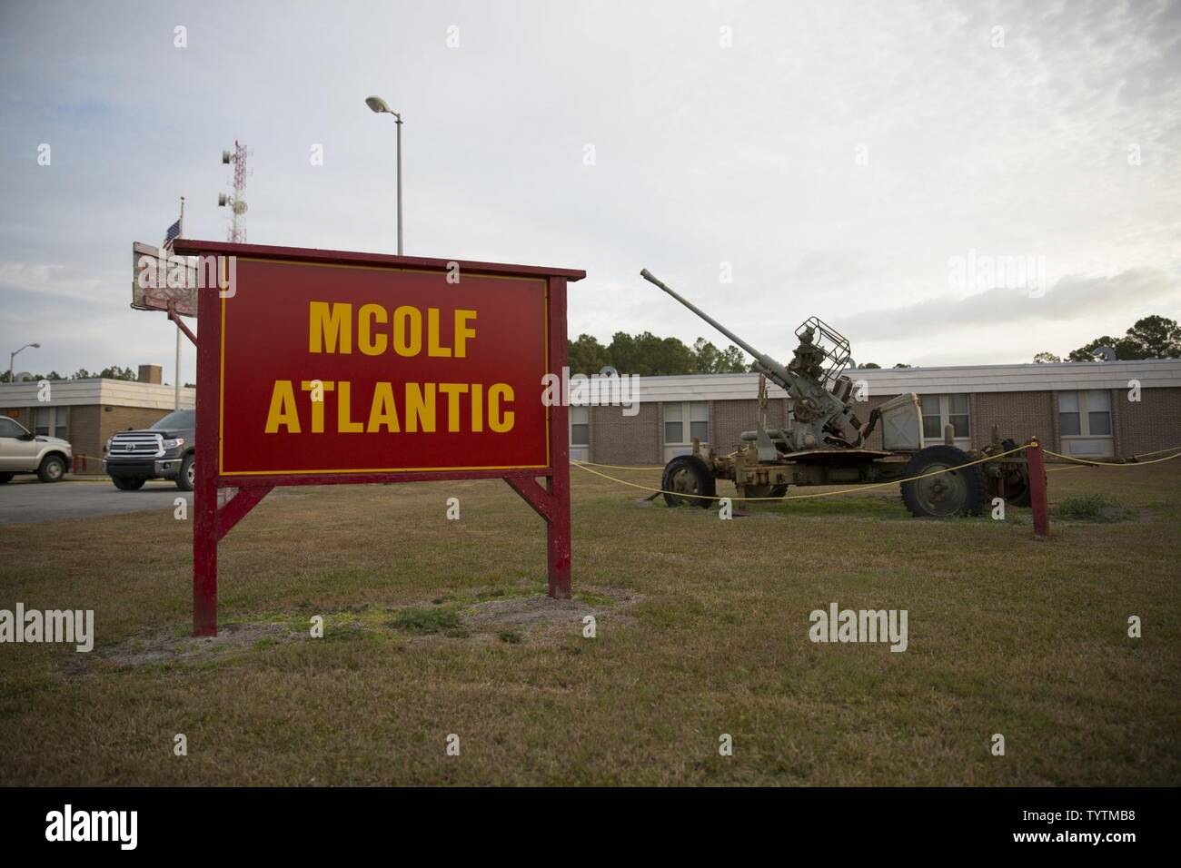 A sign reads MCOLF Atlantic during a chemical, biological, radiological, nuclear (CBRN) field training exercise at Atlantic Airfield, N.C., Nov. 29, 2016. The field training exercise was conducted to maintain operational readiness. Stock Photo