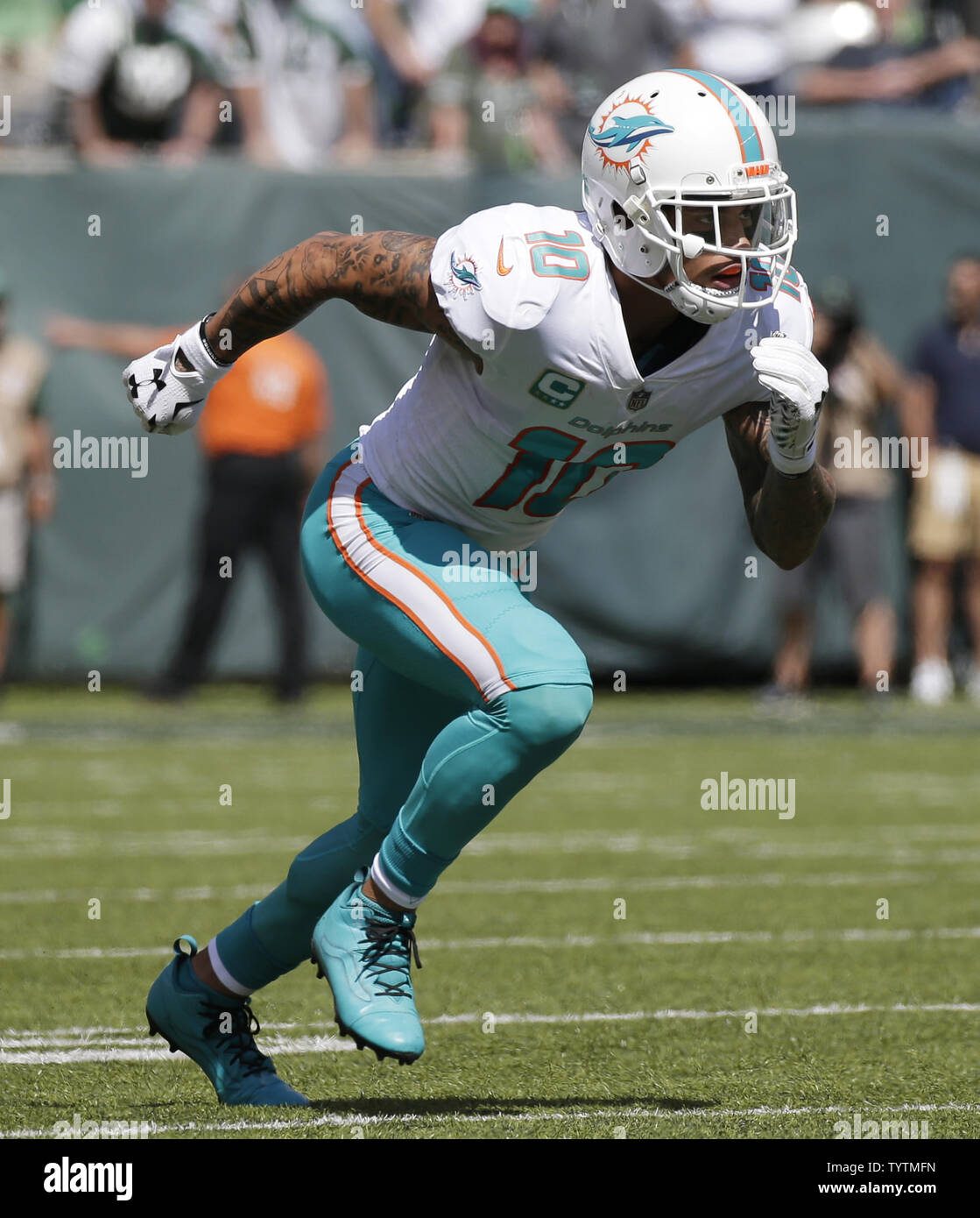 Miami Dolphins Kenny Stills moves when the ball is snapped in the first  half against the New York Jets in week 2 of the NFL season at MetLife  Stadium in East Rutherford,