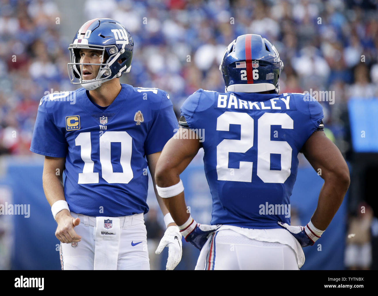 New York Giants Eli Manning stands with Saquon Barkley on the field before  a play in the first half against the New Orleans Saints in week 4 of the  NFL season at