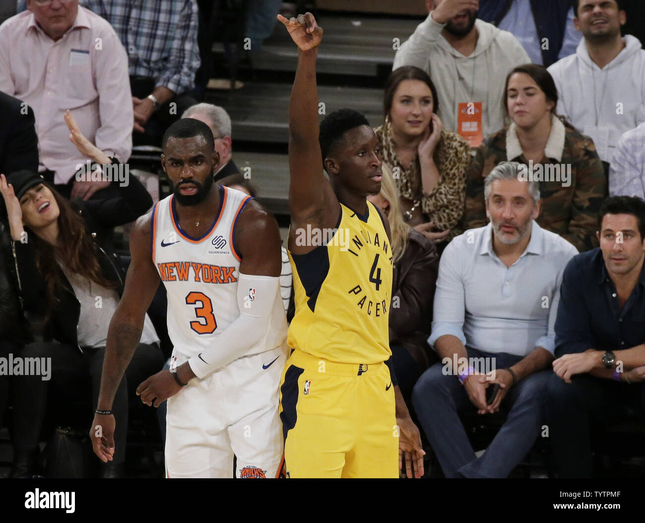 New York Knicks Tim Hardaway Jr. reacts as Indiana Pacers Victor Oladipo makes a basket in the 4th quarter at Madison Square Garden in New York City on October 31, 2018. The Pacers defeated the Knicks 107-101.    Photo by John Angelillo/UPI Stock Photo