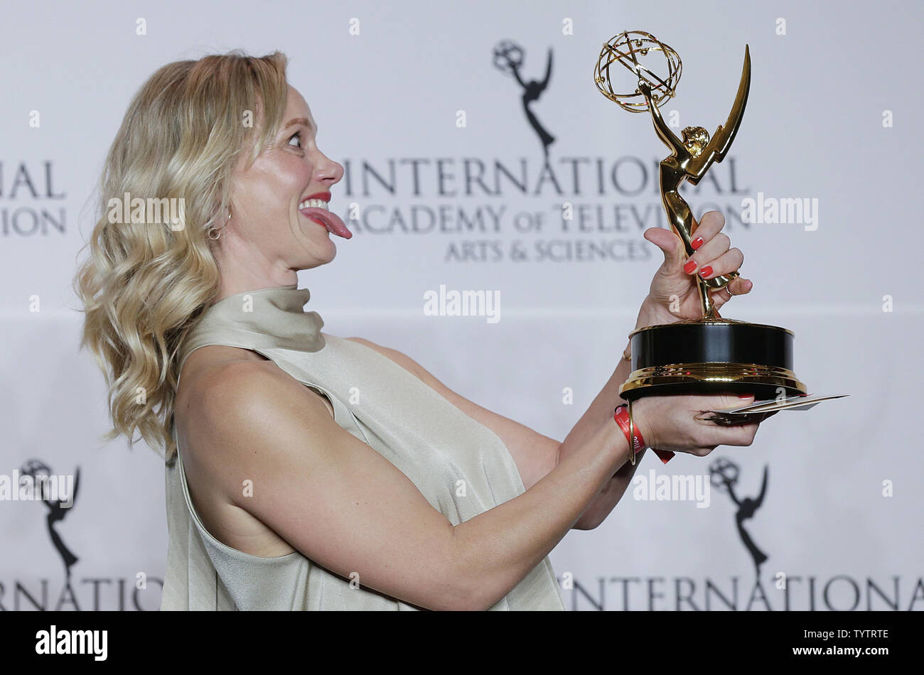 Anna Schudt hold her award for Best Performance by an Actress in the pressroom at the 46th International Emmy Awards at the New York Hilton in New York City on November 19, 2018.       Photo by John Angelillo/UPI Stock Photo