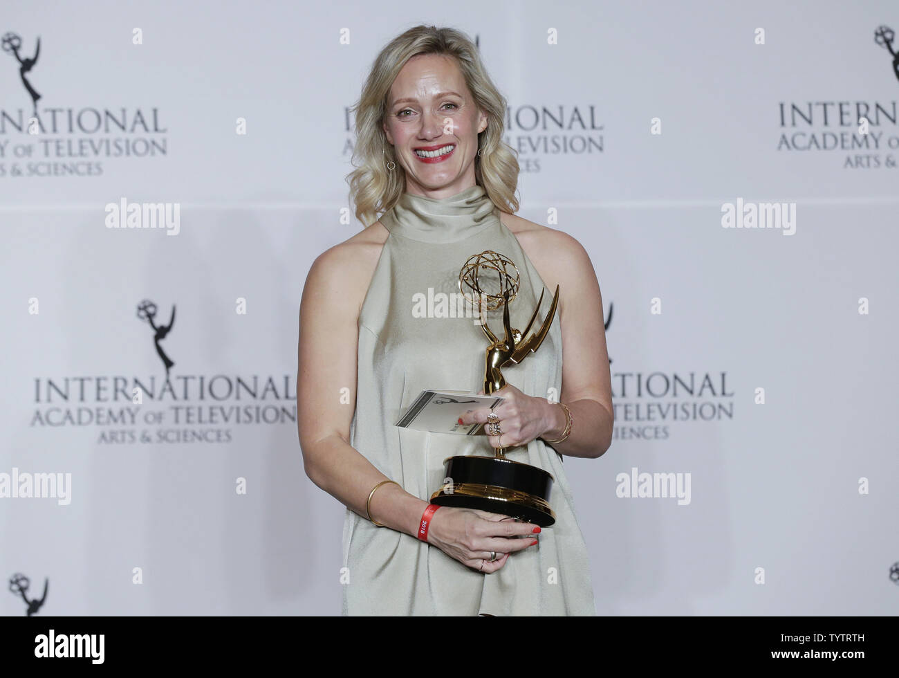 Anna Schudt hold her award for Best Performance by an Actress in the pressroom at the 46th International Emmy Awards at the New York Hilton in New York City on November 19, 2018.       Photo by John Angelillo/UPI Stock Photo