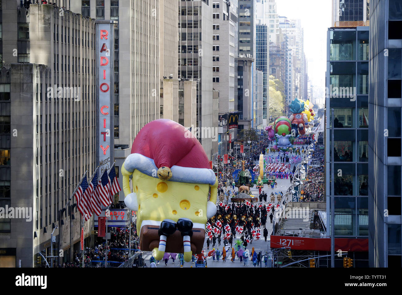 The Spongebob Squarepants Balloon And Other Balloons And Floats Move Down The Parade Route On Sixth Avenue At The 92nd Macy S Thanksgiving Day Parade In New York City On November 22 2018