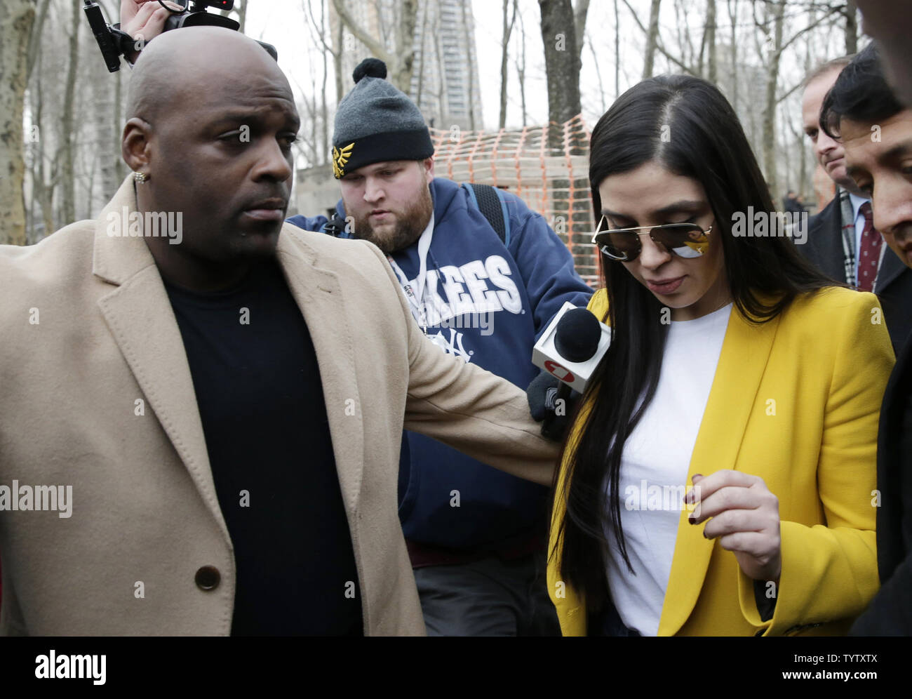 Emma Coronel, wife of the founder of the former Guadalajara Cartel Joaquín 'El Chapo' Guzman exits Federal Court in New York City on February 11, 2019. Jury deliberations in the trial of Mexican druglord Joaquin 'El Chapo' Guzman stretched into a second week Monday as jurors worked their way through the nearly two and a half months of testimony.      Photo by John Angelillo/UPI Stock Photo