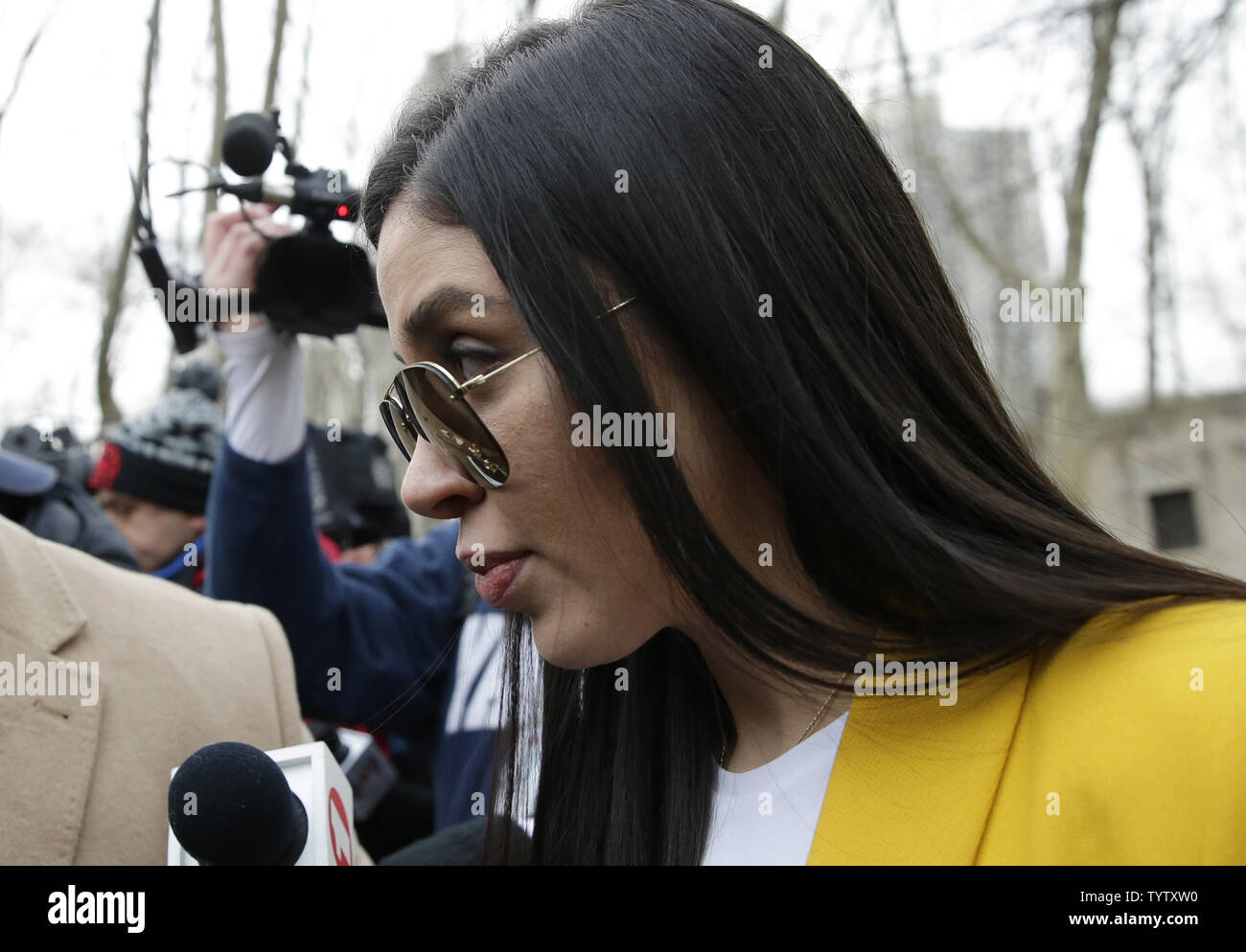 Emma Coronel, wife of the founder of the former Guadalajara Cartel Joaqu’n 'El Chapo' Guzman exits Federal Court in New York City on February 11, 2019. Jury deliberations in the trial of Mexican druglord Joaquin 'El Chapo' Guzman stretched into a second week Monday as jurors worked their way through the nearly two and a half months of testimony.      Photo by John Angelillo/UPI Stock Photo