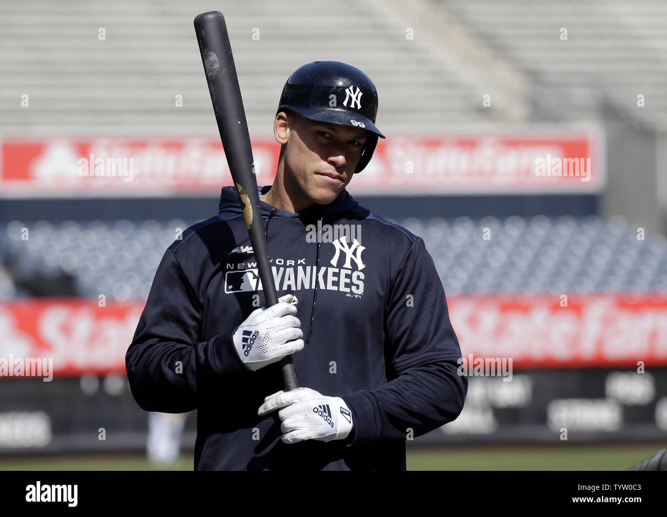 New York Yankees Aaron Judge takes batting practice at a workout one day  before Opening Day of the 2019 MLB season at Yankee Stadium in New York  City on March 27, 2019.